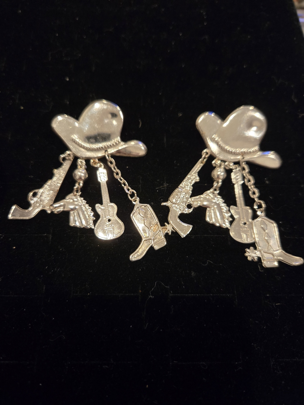 Vintage Cowboy Hat Dangle Pierced Earrings with Western Charms